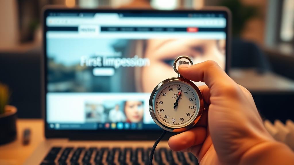 Stopwatch held in front of a website on a laptop