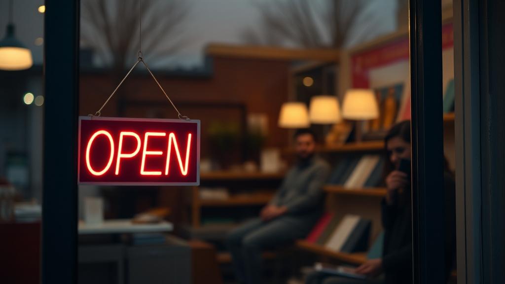 Quiet shop viewed through its window in the evening
