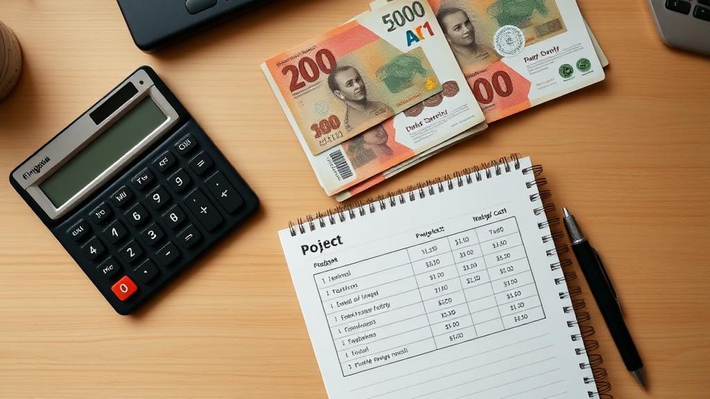 Calculator, ringgit notes and website mockups on a desk