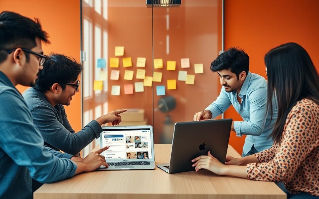 CodeGear Studio team reviewing website mockups in a sprint session