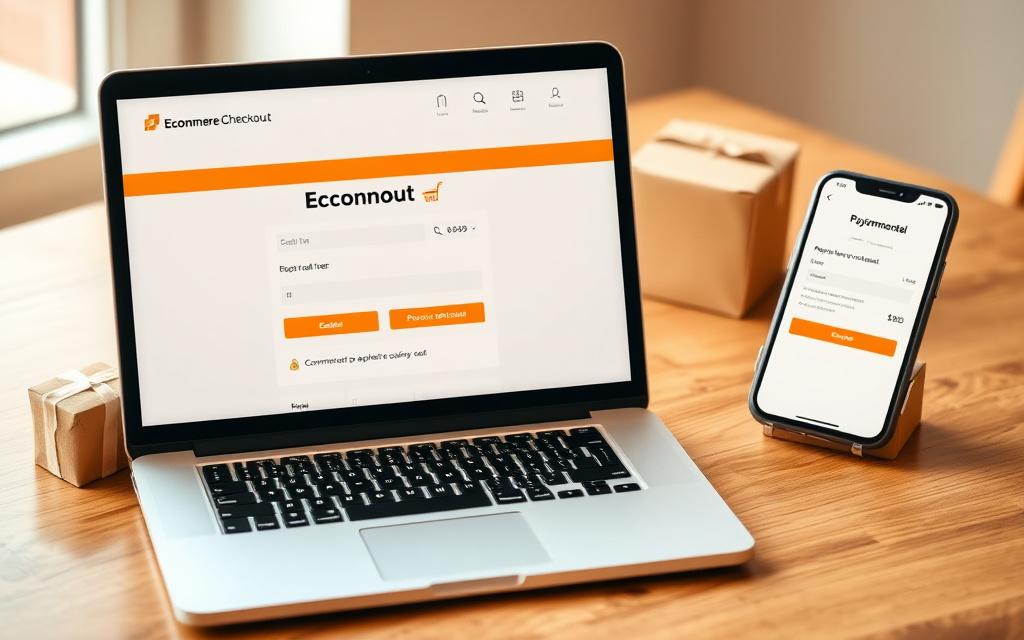 Ecommerce checkout on a laptop with parcels ready to ship