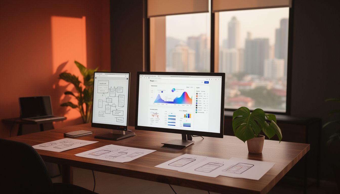 CodeGear Studio workspace with website wireframes and analytics on screen