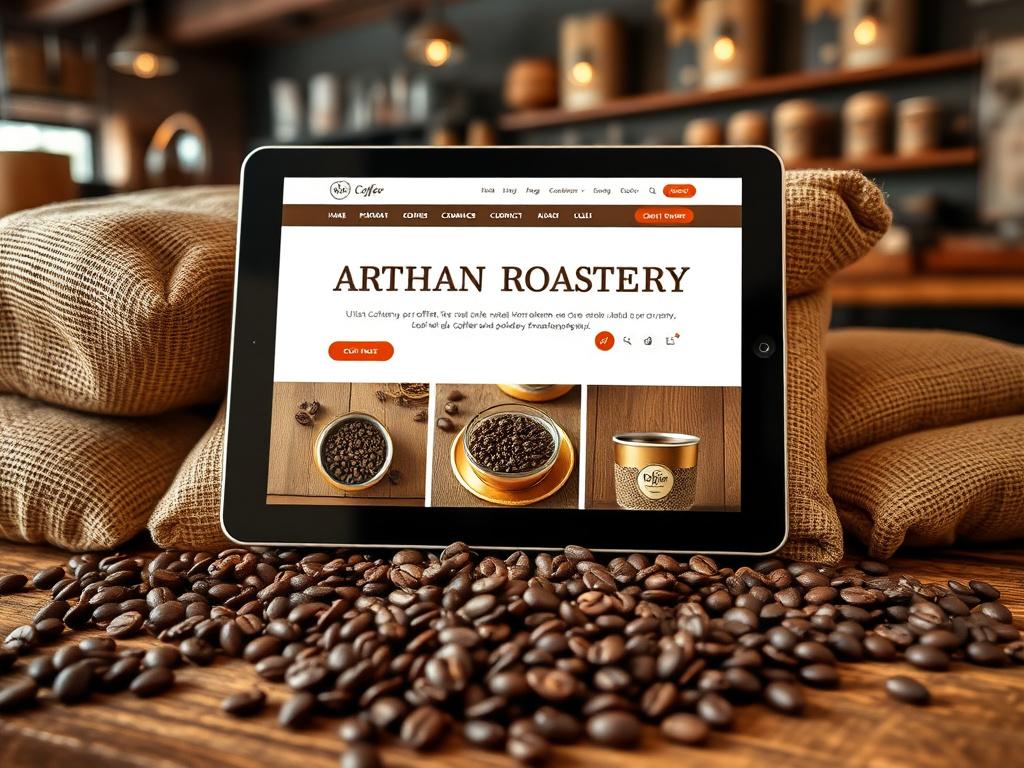 Tanah Tinggi Roastery online store displayed on a tablet among coffee sacks